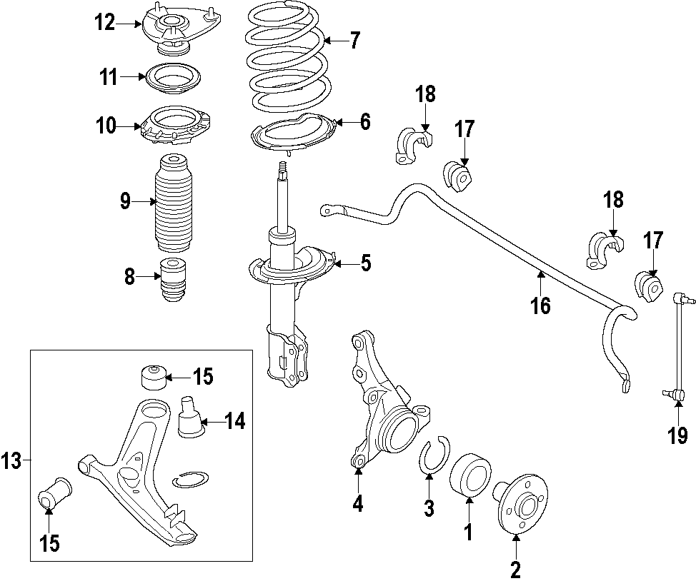Diagram FRONT SUSPENSION. LOWER CONTROL ARM. STABILIZER BAR. SUSPENSION COMPONENTS. for your 1994 Hyundai Elantra   