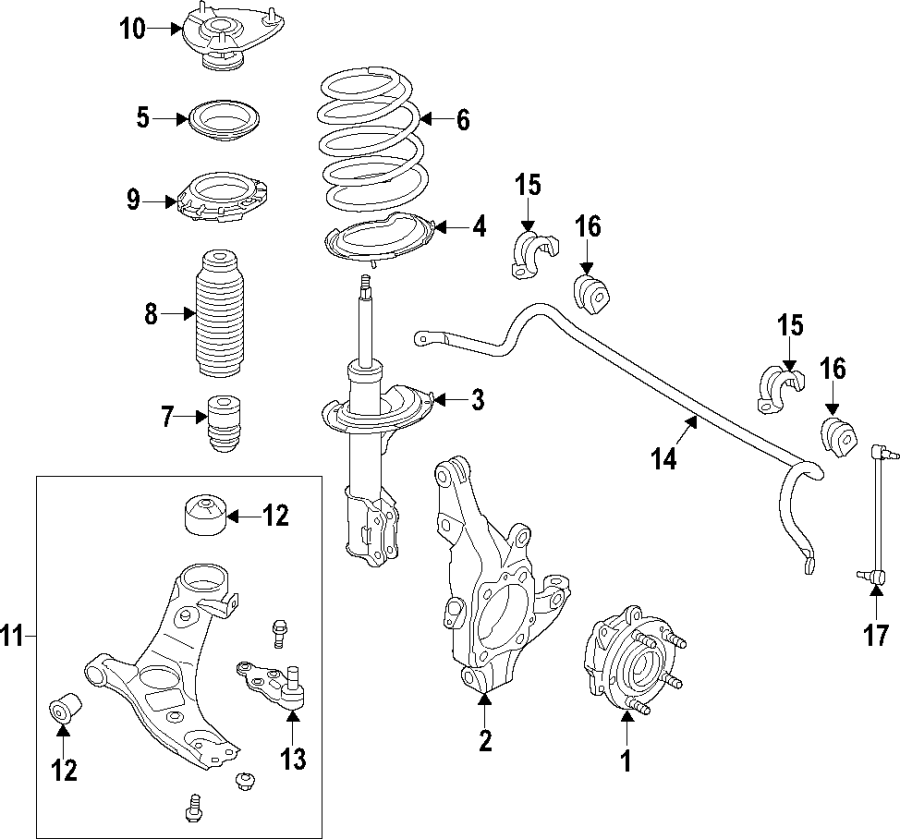 12Front suspension. Lower control arm. Stabilizer bar. Suspension components.https://images.simplepart.com/images/parts/motor/fullsize/F05K050.png