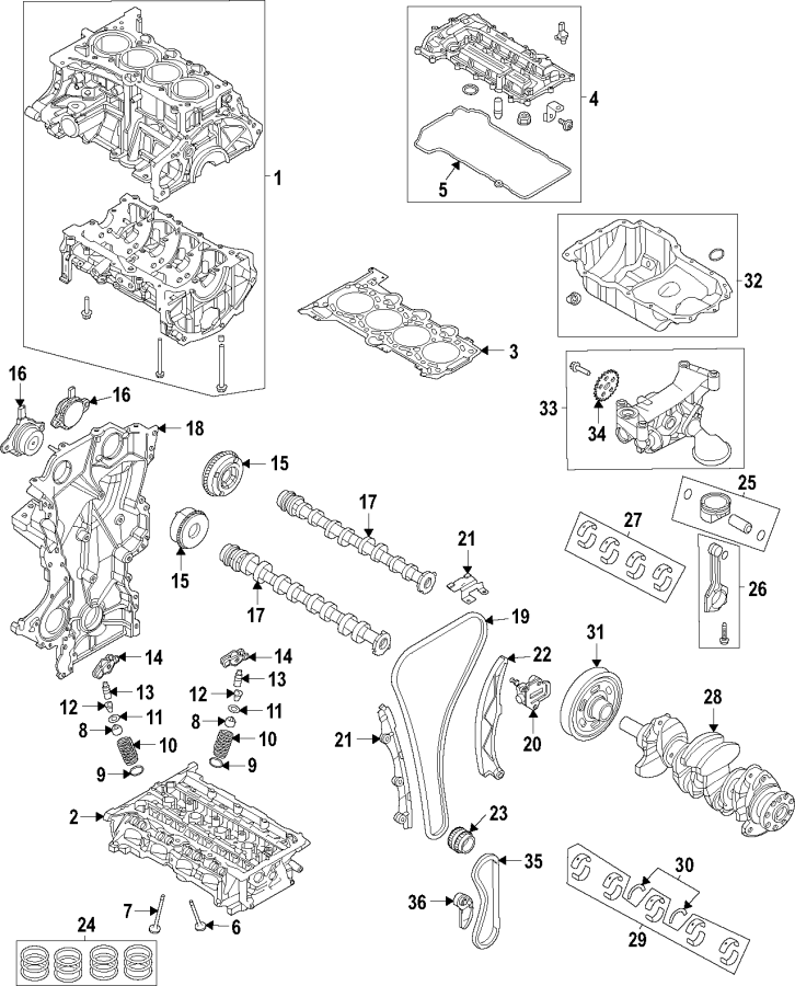 Diagram Camshaft & timing. Crankshaft & bearings. Cylinder head & valves. Lubrication. Mounts. Pistons. Rings & bearings. for your 2015 Hyundai Tucson   
