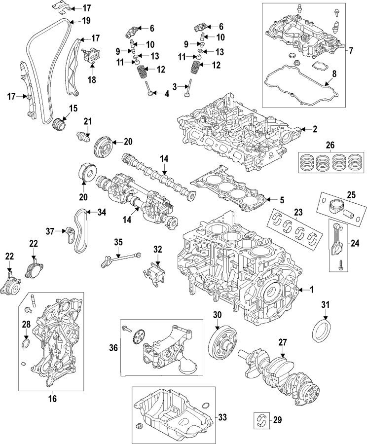 Diagram Camshaft & timing. Crankshaft & bearings. Cylinder head & valves. Lubrication. Mounts. Pistons. Rings & bearings. for your 2023 Hyundai Tucson   