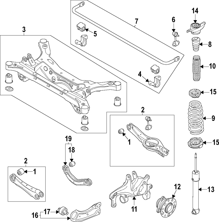 Diagram Rear suspension. Lower control arm. Stabilizer bar. Suspension components. Upper control arm. for your 2021 Hyundai Elantra  Preferred Hybrid Sedan 
