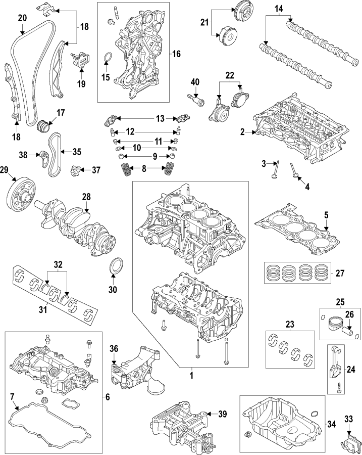 Diagram Camshaft & timing. Crankshaft & bearings. Cylinder head & valves. Lubrication. Mounts. Pistons. Rings & bearings. for your 2024 Hyundai Tucson   