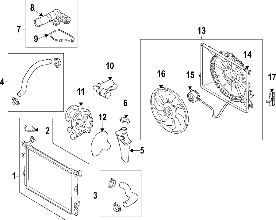 Diagram COOLING SYSTEM. COOLING FAN. RADIATOR. WATER PUMP. for your 2025 Genesis G70 3.3L Lambda II V6 A/T AWD Sport Advanced Sedan 