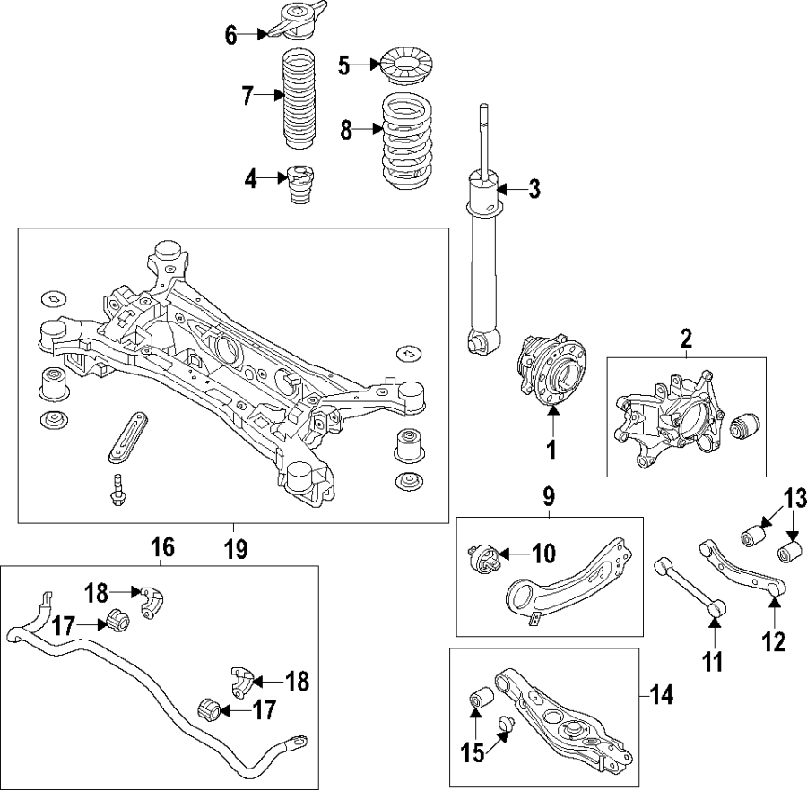 Diagram Rear suspension. Lower control arm. Stabilizer bar. Suspension components. Upper control arm. for your 2015 Hyundai Elantra   