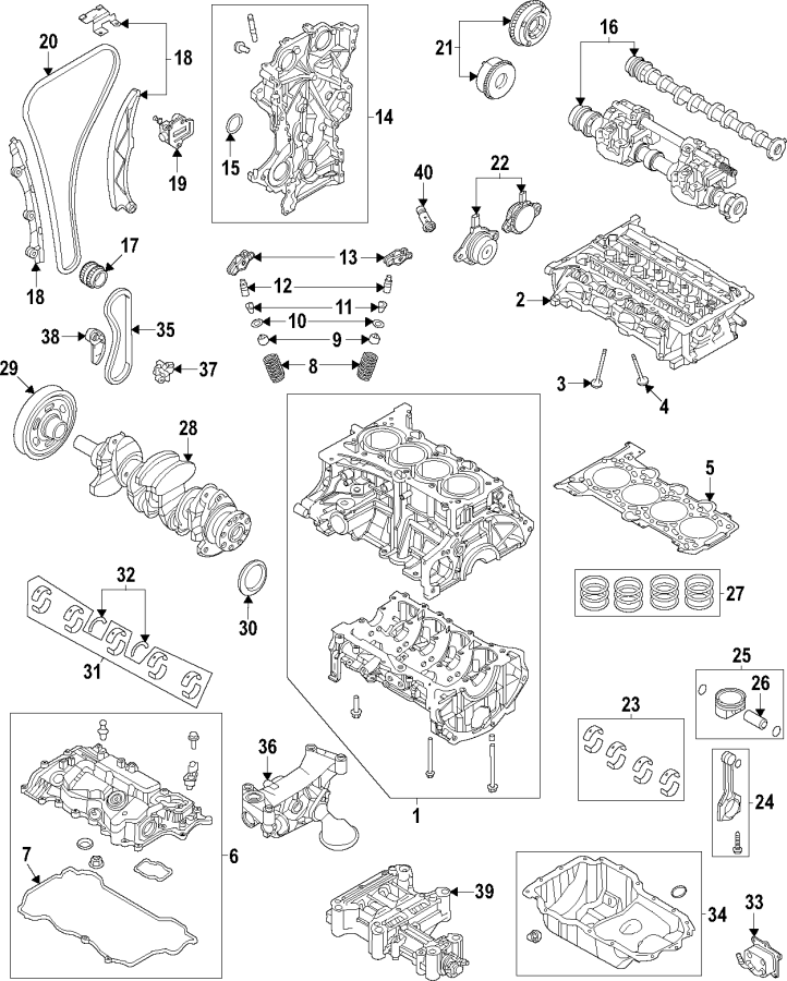 Diagram Camshaft & timing. Crankshaft & bearings. Cylinder head & valves. Lubrication. Mounts. Pistons. Rings & bearings. for your 2019 Hyundai Tucson   
