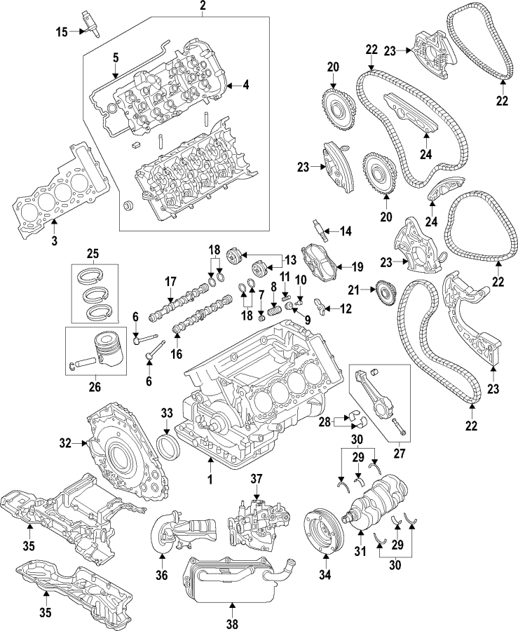 Camshaft & timing. Crankshaft & bearings. Cylinder head & valves. Lubrication. Mounts. Pistons. Rings & bearings.