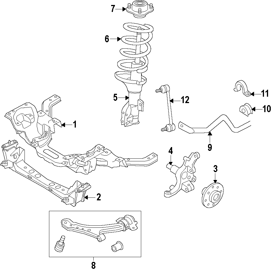 Diagram FRONT SUSPENSION. LOWER CONTROL ARM. STABILIZER BAR. SUSPENSION COMPONENTS. for your Ford Mustang  