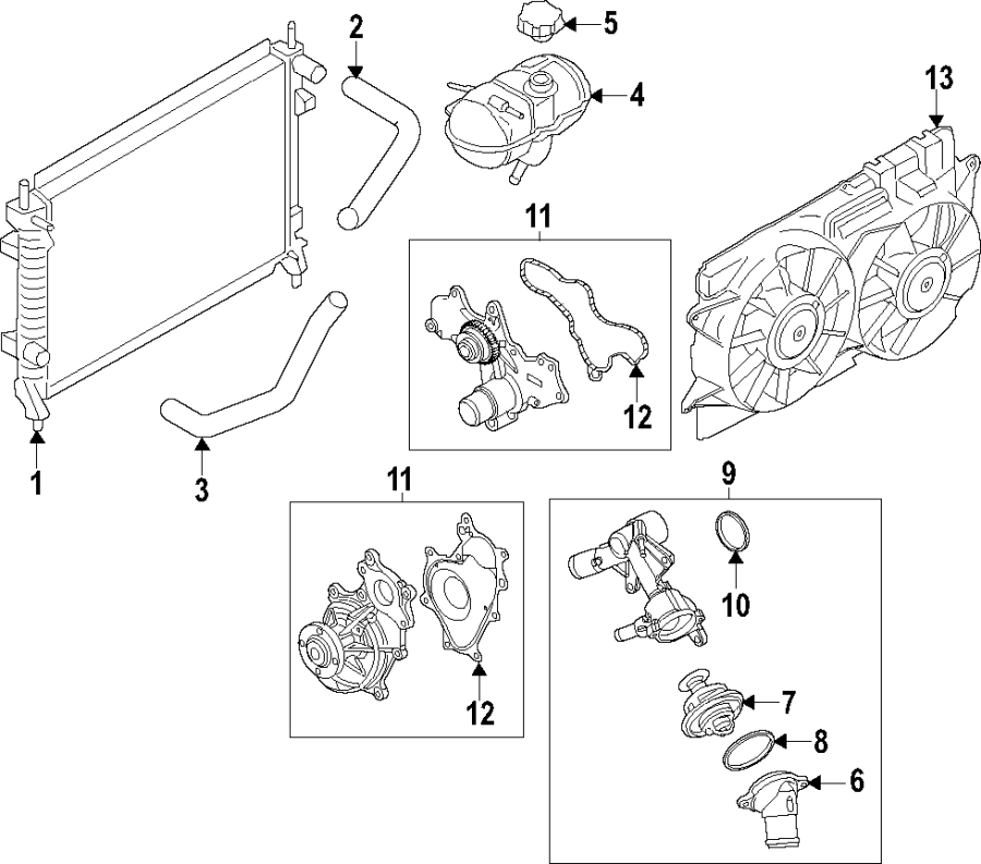 Diagram COOLING SYSTEM. COOLING FAN. RADIATOR. WATER PUMP. for your 2021 Ford F-150 3.5L PowerBoost V6 FULL HYBRID EV-GAS (FHEV) A/T RWD Limited Crew Cab Pickup Fleetside 