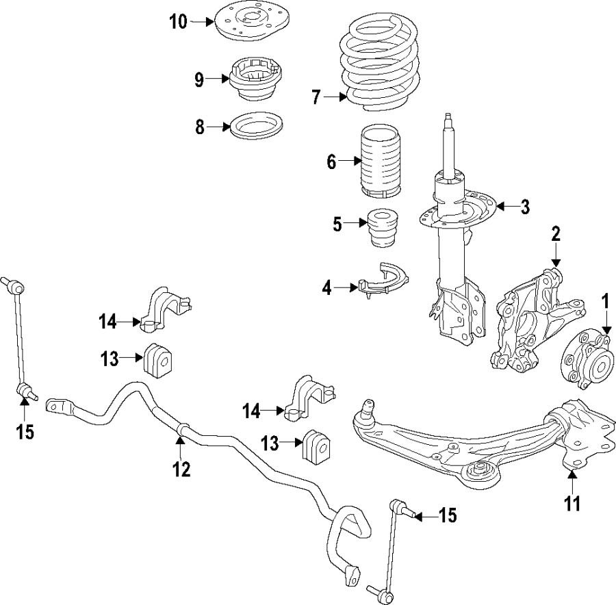 Diagram FRONT SUSPENSION. LOWER CONTROL ARM. RIDE CONTROL. STABILIZER BAR. SUSPENSION COMPONENTS. for your 2018 Lincoln MKZ   