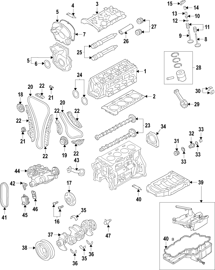 Camshaft & timing. Crankshaft & bearings. Cylinder head & valves. Lubrication. Mounts. Pistons. Rings & bearings.