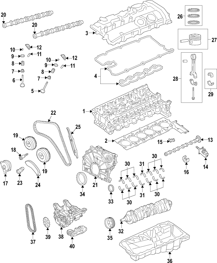Camshaft & timing. Crankshaft & bearings. Cylinder head & valves. Lubrication. Mounts. Pistons. Rings & bearings.