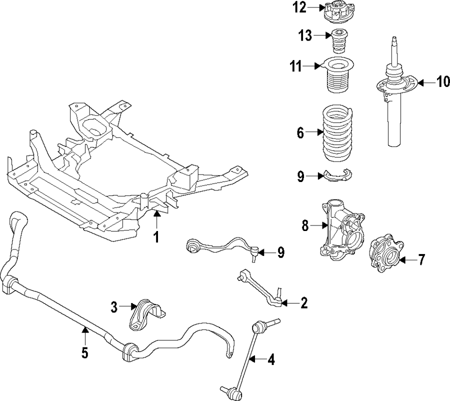 13Front suspension. Lower control arm. Ride control. Stabilizer bar. Suspension components.https://images.simplepart.com/images/parts/motor/fullsize/F27Q070.png