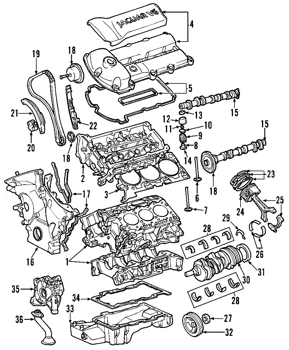 Diagram CAMSHAFT & TIMING. CRANKSHAFT & BEARINGS. CYLINDER HEAD & VALVES. LUBRICATION. MOUNTS. PISTONS. RINGS & BEARINGS. for your 1999 Jaguar Vanden Plas   