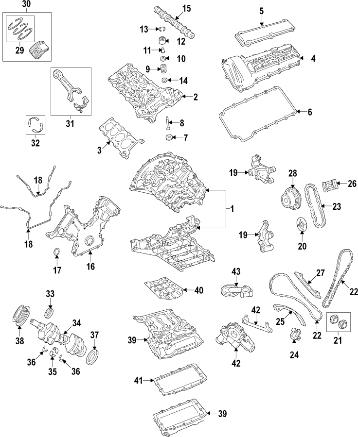 Diagram CAMSHAFT & TIMING. CRANKSHAFT & BEARINGS. CYLINDER HEAD & VALVES. LUBRICATION. MOUNTS. PISTONS. RINGS & BEARINGS. for your 2003 Jaguar XJ8   