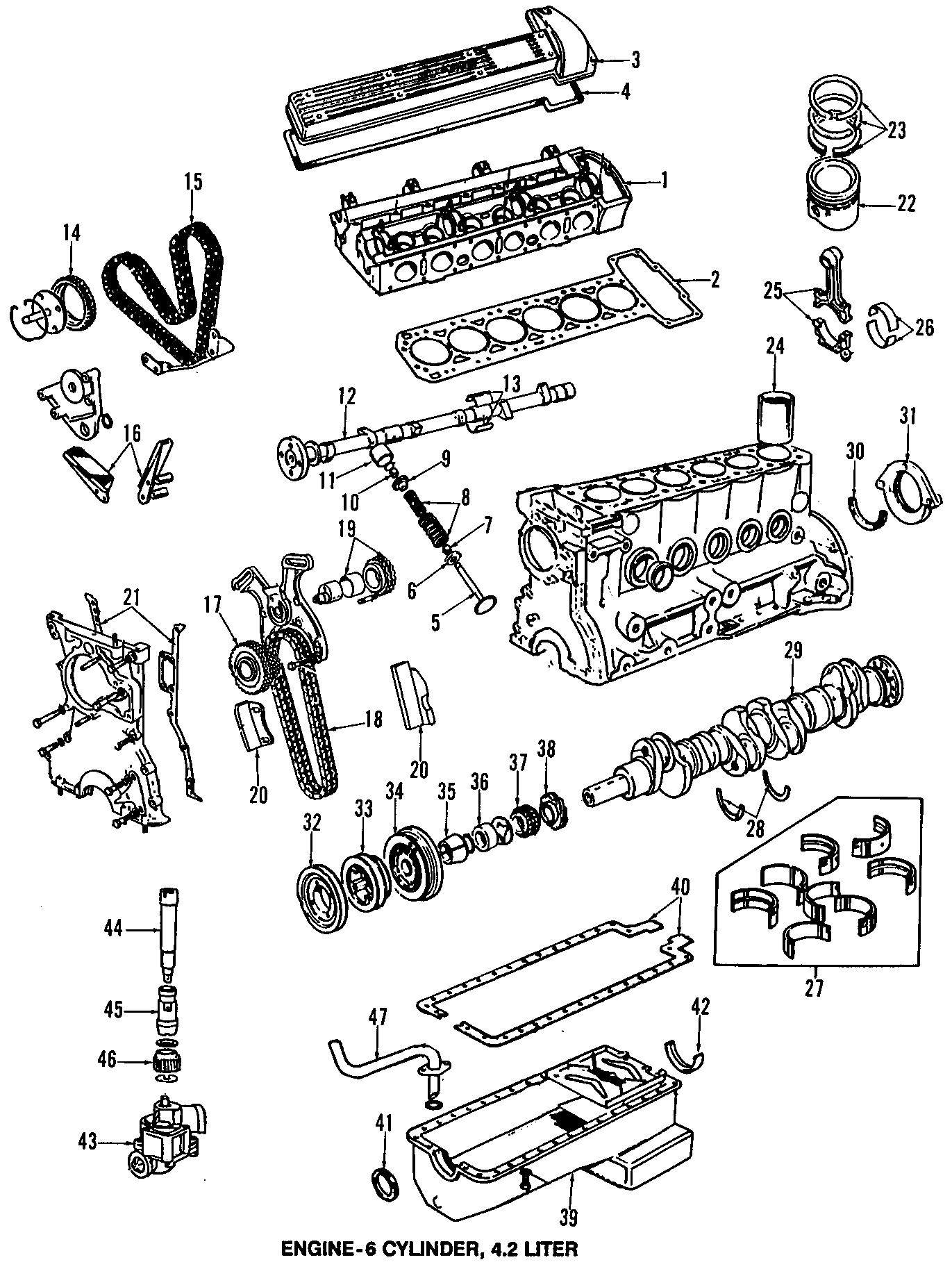 Diagram CAMSHAFT & TIMING. CRANKSHAFT & BEARINGS. CYLINDER HEAD & VALVES. LUBRICATION. MOUNTS. PISTONS. RINGS & BEARINGS. for your Jaguar XJ6  