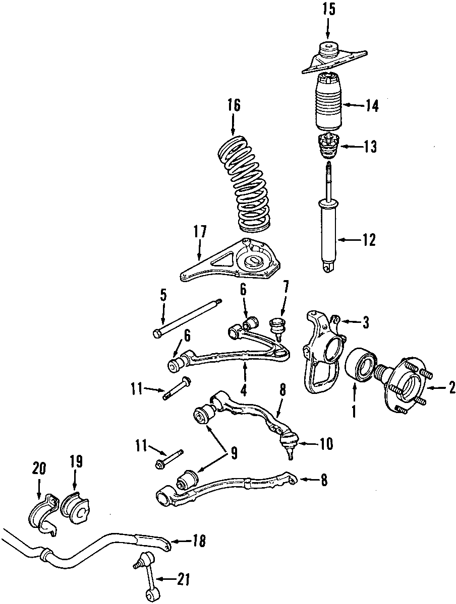 Diagram FRONT SUSPENSION. LOWER CONTROL ARM. STABILIZER BAR. SUSPENSION COMPONENTS. UPPER CONTROL ARM. for your 2001 Jaguar Vanden Plas   