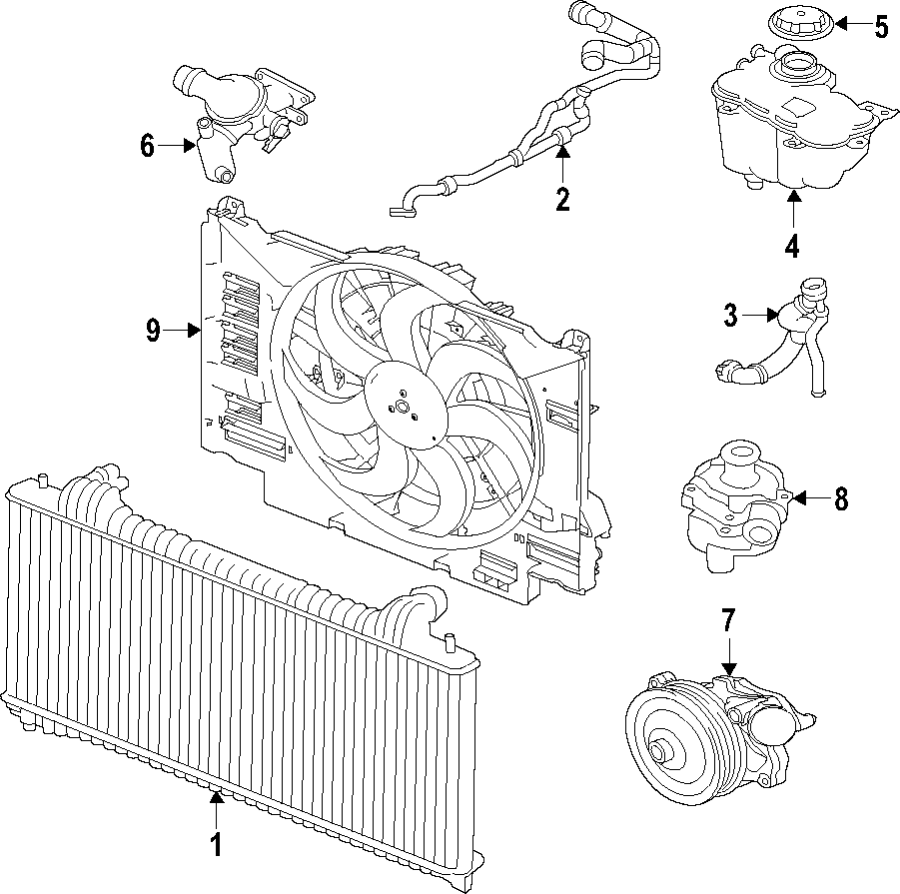 Diagram COOLING SYSTEM. COOLING FAN. RADIATOR. WATER PUMP. for your 2017 Jaguar F-Pace   