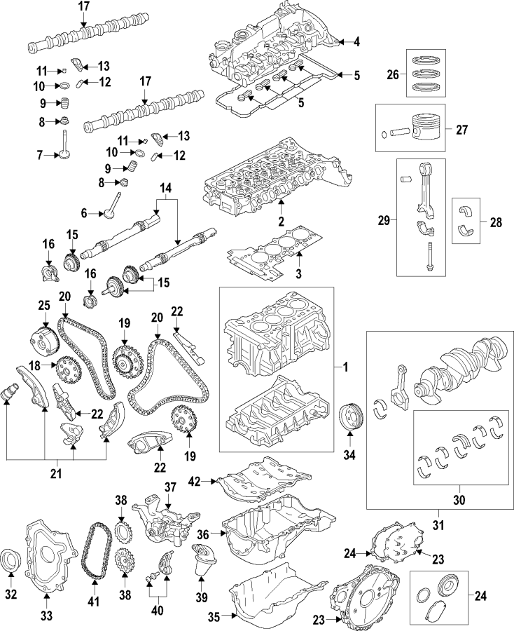 Diagram CAMSHAFT & TIMING. CRANKSHAFT & BEARINGS. CYLINDER HEAD & VALVES. LUBRICATION. MOUNTS. PISTONS. RINGS & BEARINGS. for your 2019 Jaguar F-Pace   