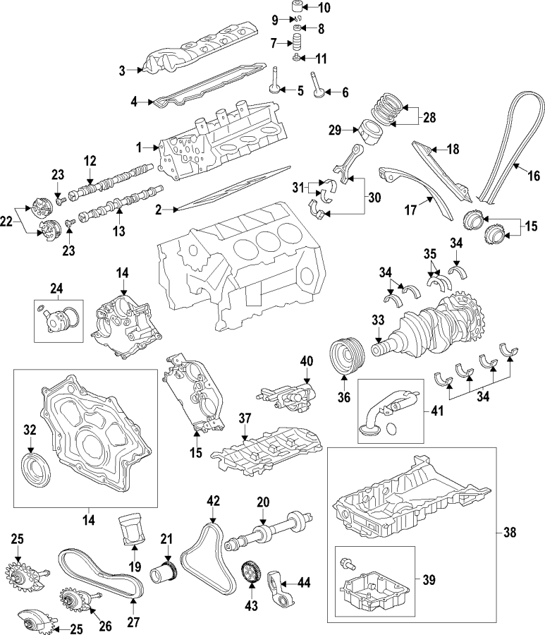 Diagram CAMSHAFT & TIMING. CRANKSHAFT & BEARINGS. CYLINDER HEAD & VALVES. LUBRICATION. for your 2013 Jaguar XFR-S   