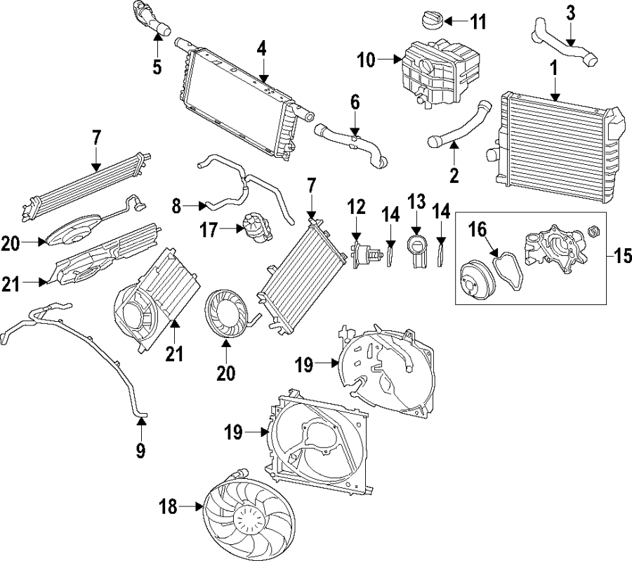 Diagram COOLING SYSTEM. COOLING FAN. RADIATOR. WATER PUMP. for your 2020 Porsche Cayenne   