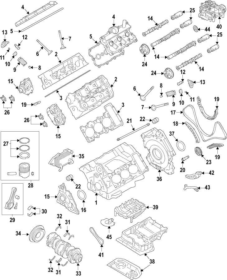 Diagram Camshaft & timing. Crankshaft & bearings. Cylinder head & valves. Lubrication. Mounts. Pistons. Rings & bearings. for your 2010 Porsche Cayenne   