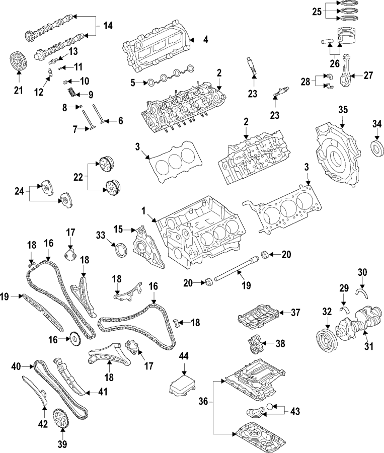 Diagram Camshaft & timing. Crankshaft & bearings. Cylinder head & valves. Lubrication. Mounts. Pistons. Rings & bearings. for your 2023 Porsche Cayenne   