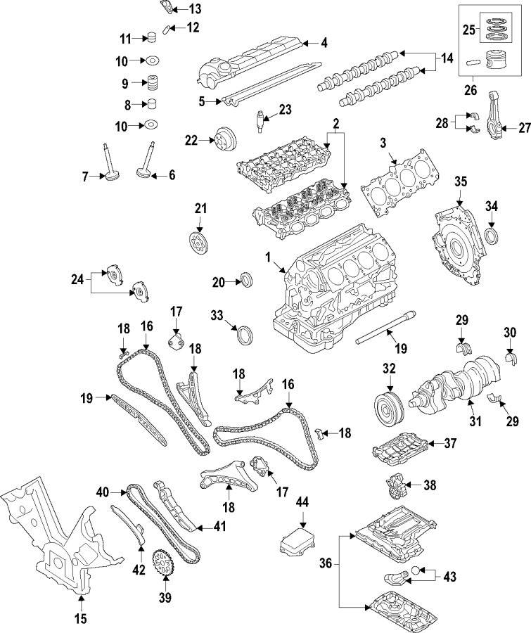 Diagram CAMSHAFT & TIMING. CRANKSHAFT & BEARINGS. CYLINDER HEAD & VALVES. LUBRICATION. MOUNTS. PISTONS. RINGS & BEARINGS. for your 2010 Porsche Cayenne   