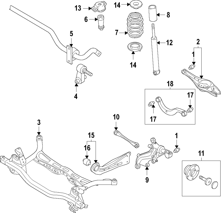 11Rear suspension. Lower control arm. Stabilizer bar. Suspension components. Upper control arm.https://images.simplepart.com/images/parts/motor/fullsize/F50G090.png