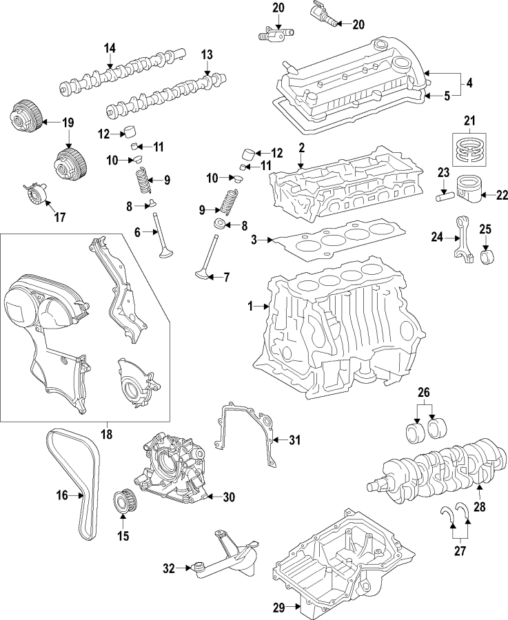 Diagram CAMSHAFT & TIMING. CRANKSHAFT & BEARINGS. CYLINDER HEAD & VALVES. LUBRICATION. MOUNTS. PISTONS. RINGS & BEARINGS. for your 2014 Lincoln MKZ Hybrid Sedan  