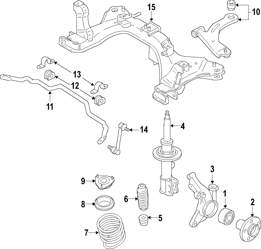 Diagram FRONT SUSPENSION. LOWER CONTROL ARM. STABILIZER BAR. SUSPENSION COMPONENTS. for your Ford Fiesta  