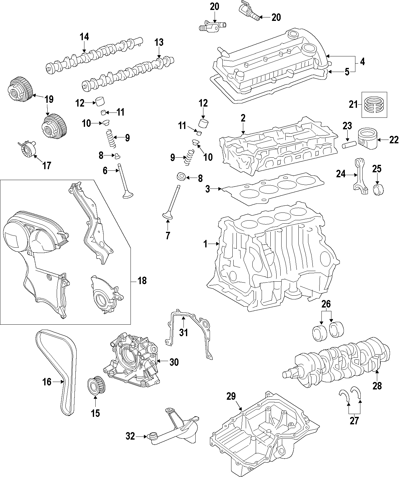 Diagram CAMSHAFT & TIMING. CRANKSHAFT & BEARINGS. CYLINDER HEAD & VALVES. LUBRICATION. MOUNTS. PISTONS. RINGS & BEARINGS. for your 2020 Ford Transit Connect   