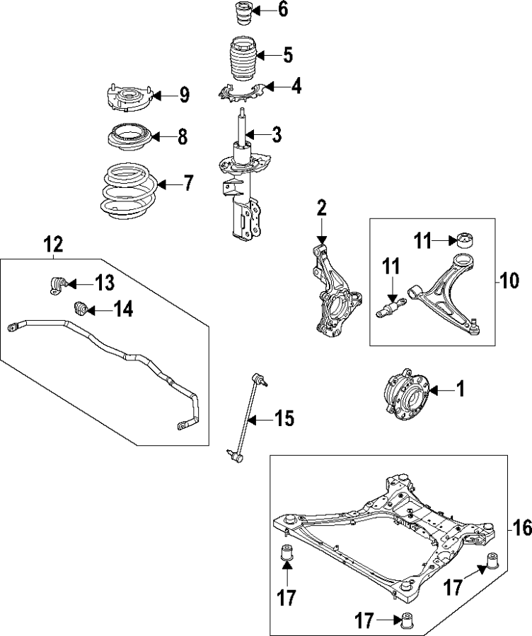 13Front suspension. Lower control arm. Stabilizer bar. Suspension components.https://images.simplepart.com/images/parts/motor/fullsize/F67Q070.png