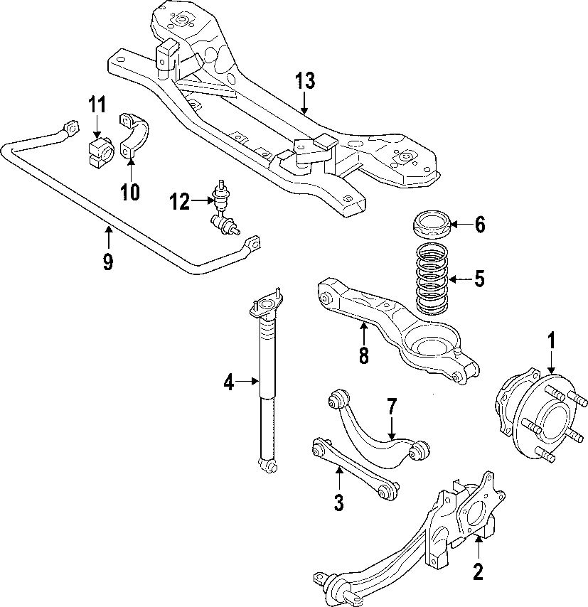 Diagram REAR SUSPENSION. LOWER CONTROL ARM. STABILIZER BAR. SUSPENSION COMPONENTS. UPPER CONTROL ARM. for your 1997 Mazda Protege   