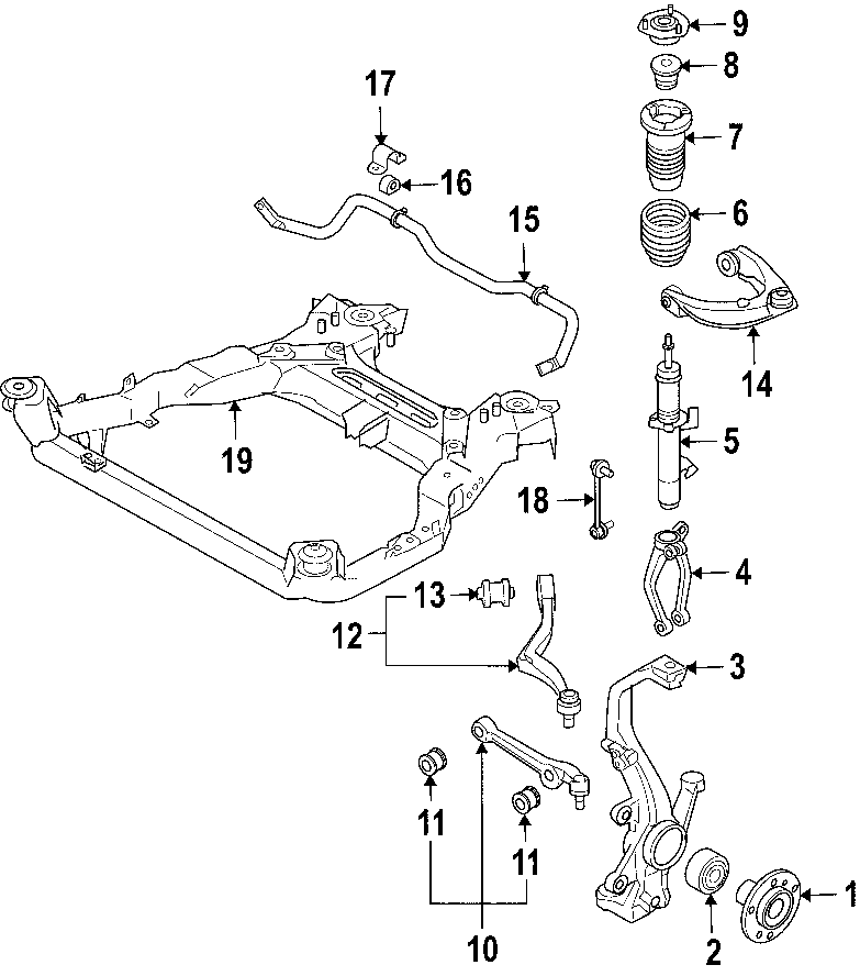 Diagram FRONT SUSPENSION. LOWER CONTROL ARM. STABILIZER BAR. SUSPENSION COMPONENTS. UPPER CONTROL ARM. for your 2012 Mazda MX-5 Miata   