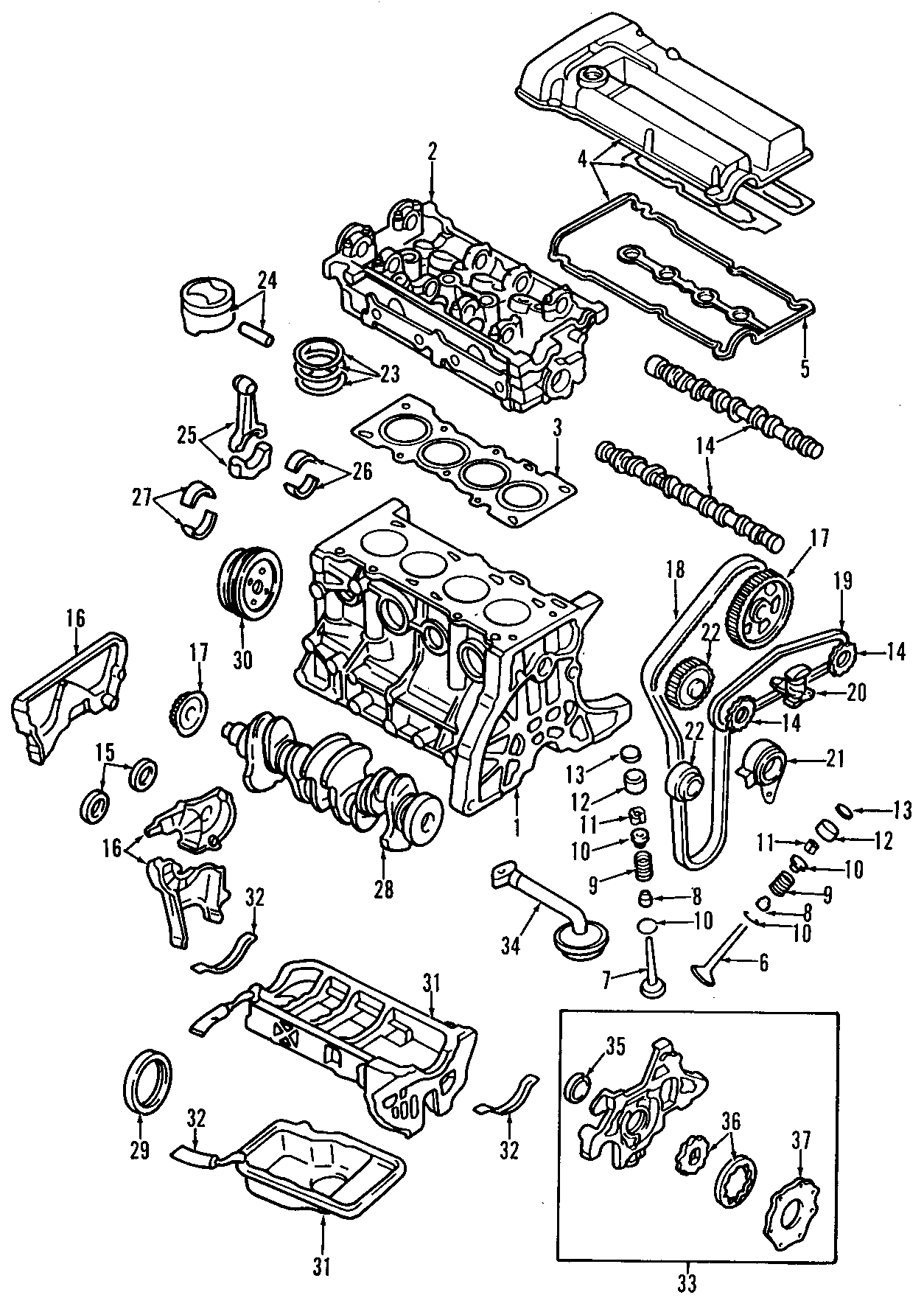 Diagram CAMSHAFT & TIMING. CRANKSHAFT & BEARINGS. CYLINDER HEAD & VALVES. LUBRICATION. MOUNTS. PISTONS. RINGS & BEARINGS. for your 1995 Mazda