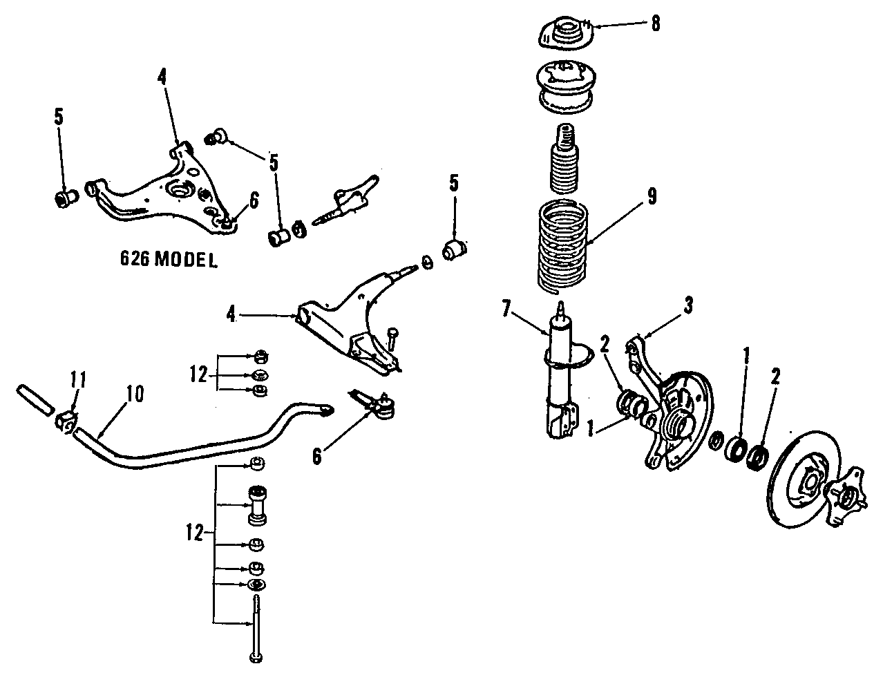 Diagram FRONT SUSPENSION. LOWER CONTROL ARM. STABILIZER BAR. SUSPENSION COMPONENTS. for your 1990 Mazda MX-6 2.2L M/T DX Coupe 