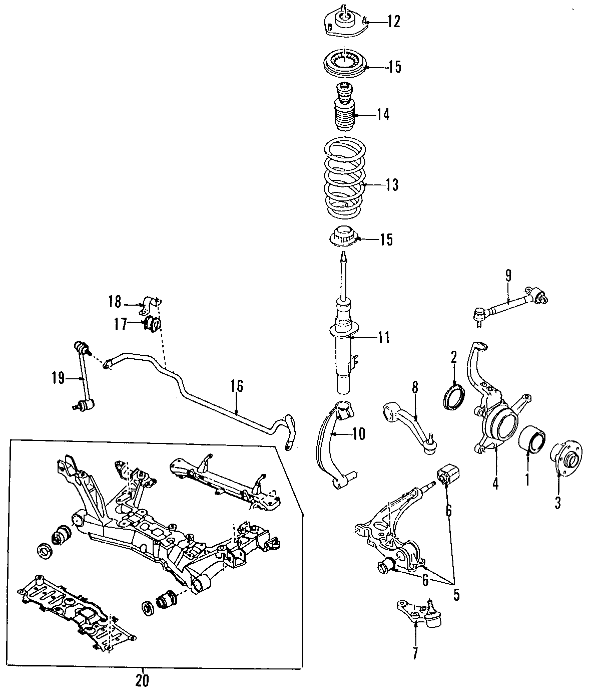 Diagram FRONT SUSPENSION. LOWER CONTROL ARM. STABILIZER BAR. SUSPENSION COMPONENTS. for your 1997 Mazda Protege  DX Sedan 