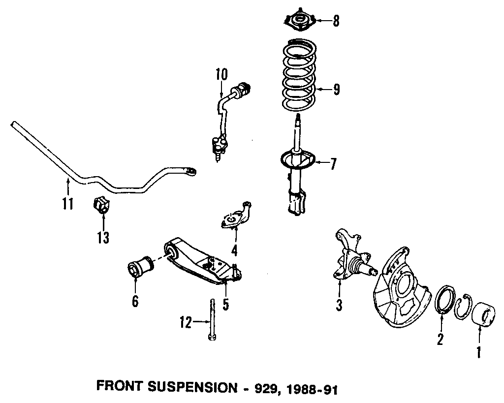 Diagram FRONT SUSPENSION. LOWER CONTROL ARM. STABILIZER BAR. SUSPENSION COMPONENTS. for your Mazda 929  