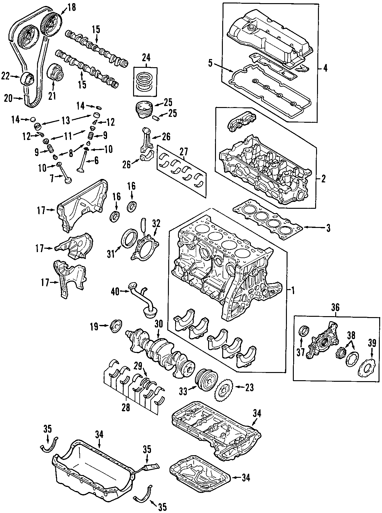 Diagram CAMSHAFT & TIMING. CRANKSHAFT & BEARINGS. CYLINDER HEAD & VALVES. LUBRICATION. MOUNTS. PISTONS. RINGS & BEARINGS. for your 2002 Mazda Protege   