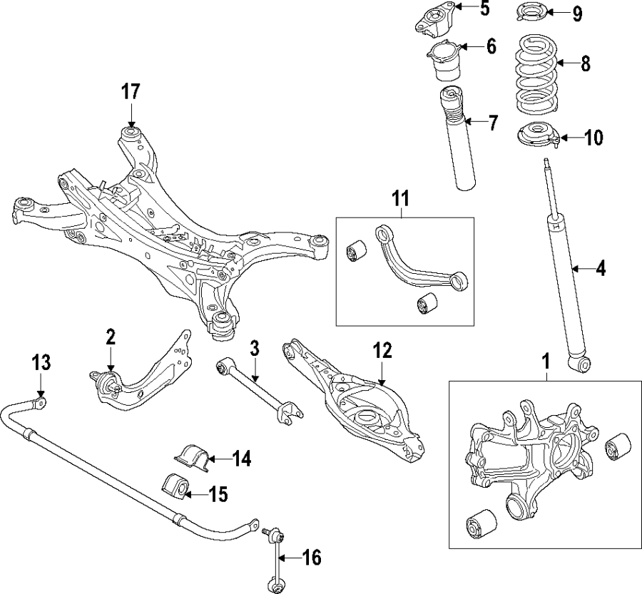 Diagram REAR SUSPENSION. LOWER CONTROL ARM. STABILIZER BAR. SUSPENSION COMPONENTS. UPPER CONTROL ARM. for your 2018 Mazda CX-5 2.5L SKYACTIV A/T AWD Sport Sport Utility 