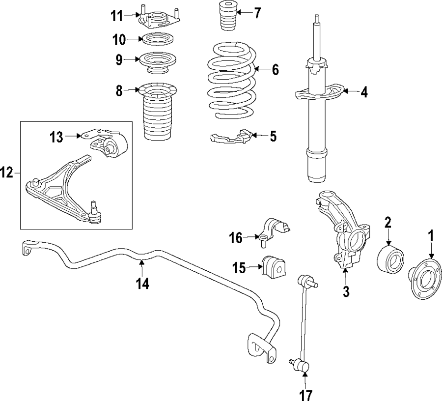 13FRONT SUSPENSION. LOWER CONTROL ARM. STABILIZER BAR. SUSPENSION COMPONENTS.https://images.simplepart.com/images/parts/motor/fullsize/F6A1050.png