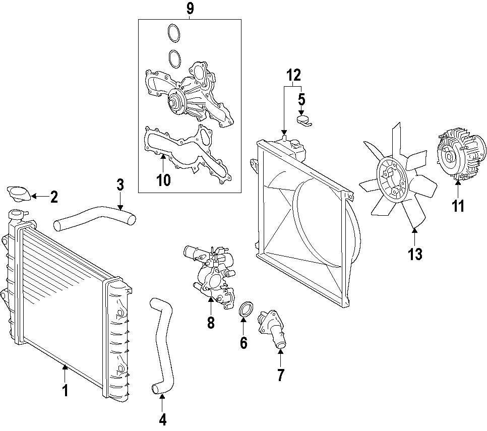 Diagram COOLING SYSTEM. COOLING FAN. RADIATOR. WATER PUMP. for your 2011 Toyota Tacoma  Base Standard Cab Pickup Fleetside 