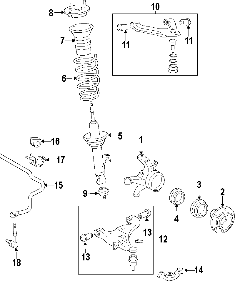 Diagram FRONT SUSPENSION. LOWER CONTROL ARM. STABILIZER BAR. SUSPENSION COMPONENTS. UPPER CONTROL ARM. for your 2003 Toyota Tacoma 2.4L A/T RWD Base Standard Cab Pickup Stepside 