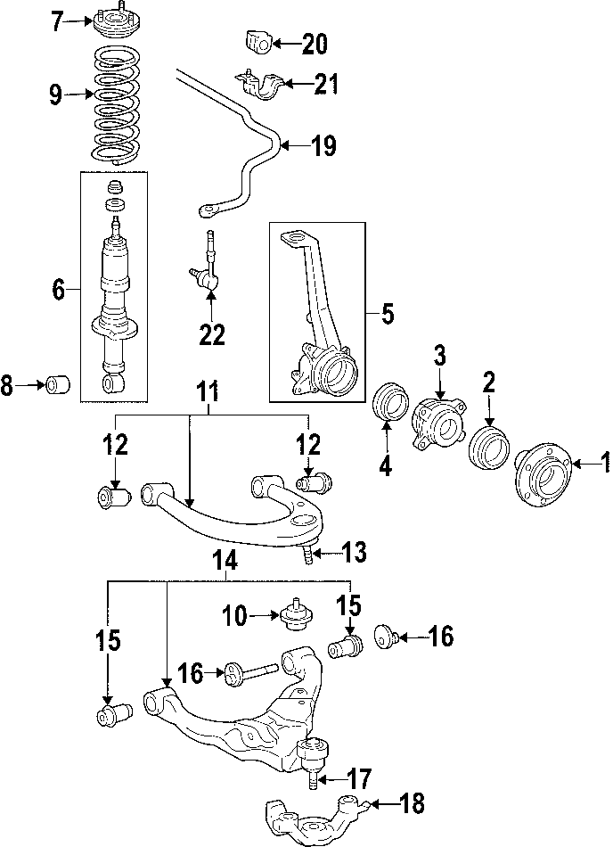 Diagram FRONT SUSPENSION. LOWER CONTROL ARM. STABILIZER BAR. SUSPENSION COMPONENTS. UPPER CONTROL ARM. for your 2021 Toyota Tacoma   