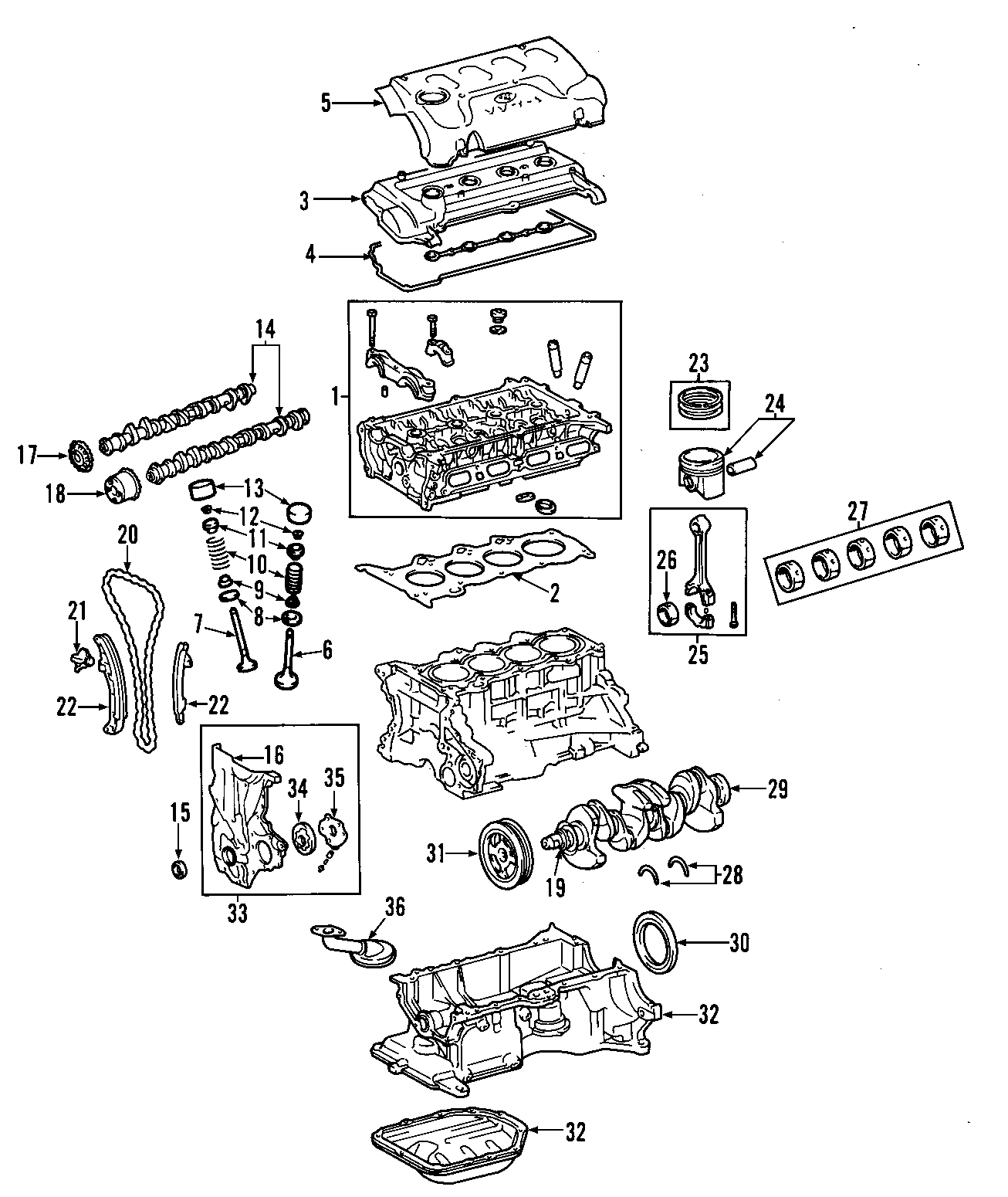 Diagram CAMSHAFT & TIMING. CRANKSHAFT & BEARINGS. CYLINDER HEAD & VALVES. LUBRICATION. MOUNTS. PISTONS. RINGS & BEARINGS. for your 2007 Toyota Corolla  S SEDAN 