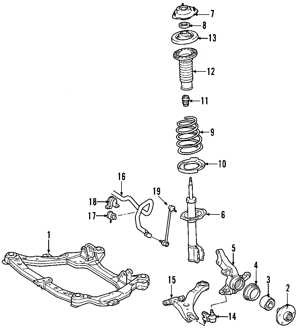 Diagram FRONT SUSPENSION. LOWER CONTROL ARM. STABILIZER BAR. SUSPENSION COMPONENTS. for your 2005 Toyota Matrix   