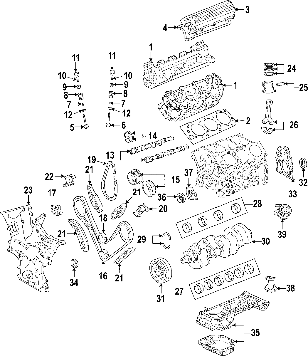 Diagram CAMSHAFT & TIMING. CRANKSHAFT & BEARINGS. CYLINDER HEAD & VALVES. LUBRICATION. MOUNTS. PISTONS. RINGS & BEARINGS. for your 2003 Toyota Camry   