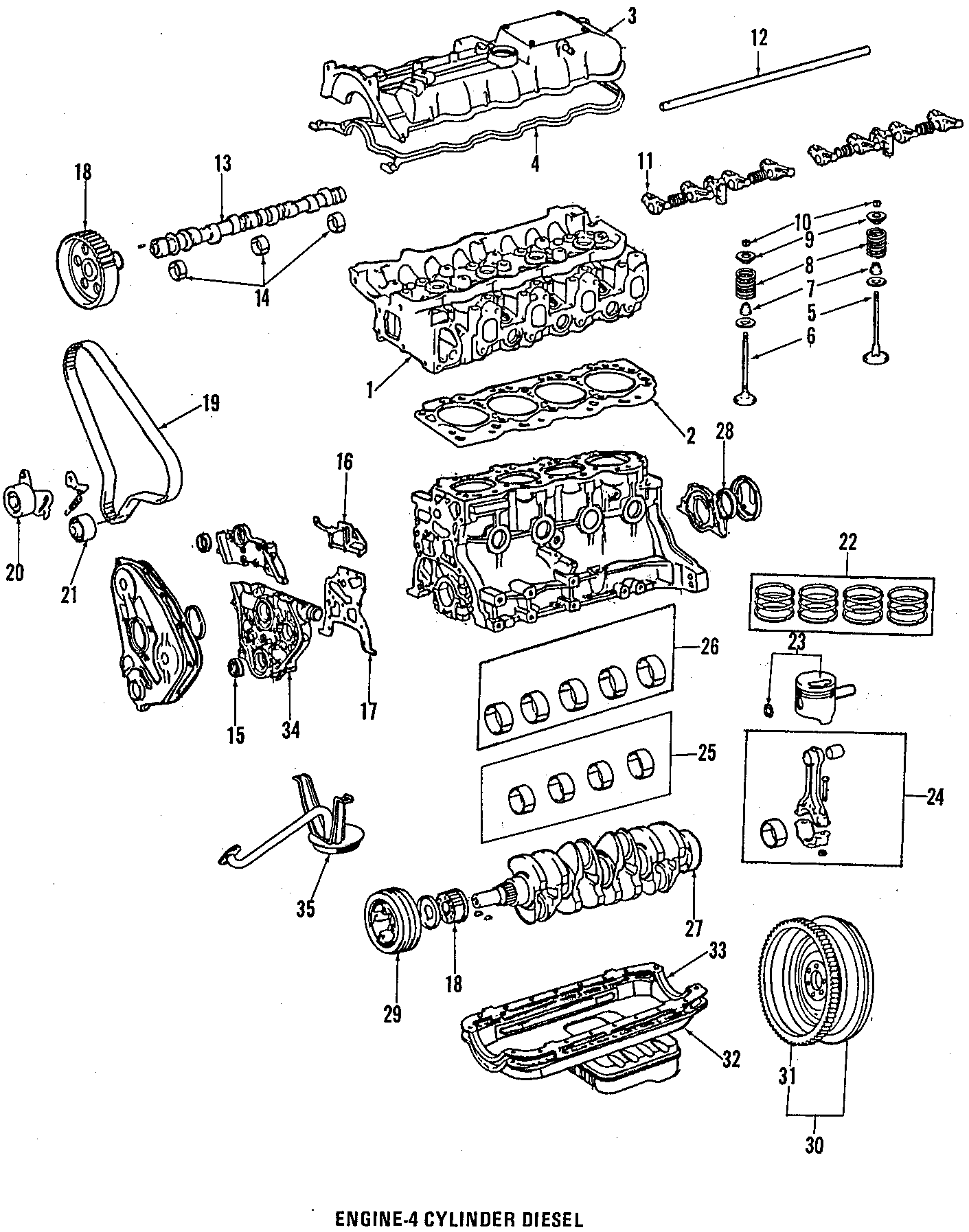 Diagram CAMSHAFT & TIMING. CRANKSHAFT & BEARINGS. CYLINDER HEAD & VALVES. LUBRICATION. MOUNTS. PISTONS. RINGS & BEARINGS. for your 1988 Toyota Corolla 1.6L A/T FWD DLX Sedan 