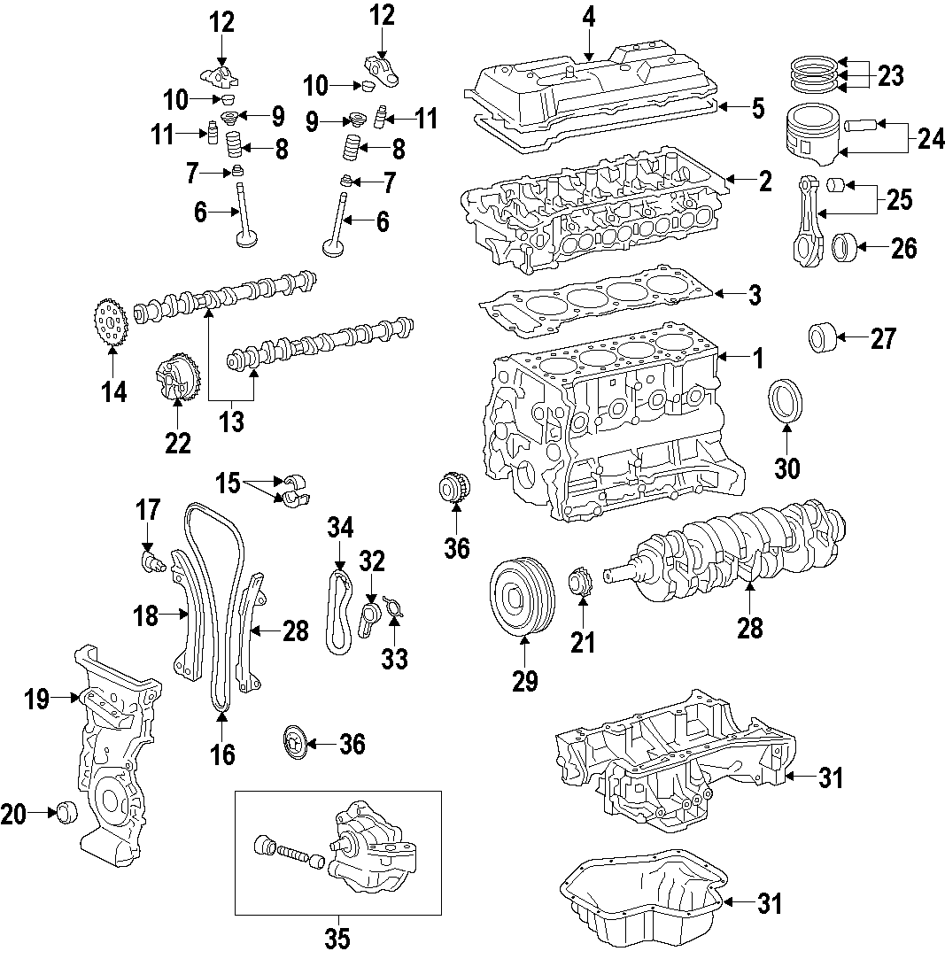 Diagram CAMSHAFT & TIMING. CRANKSHAFT & BEARINGS. CYLINDER HEAD & VALVES. LUBRICATION. MOUNTS. PISTONS. RINGS & BEARINGS. for your 2008 Toyota Tacoma  Base Crew Cab Pickup Fleetside 