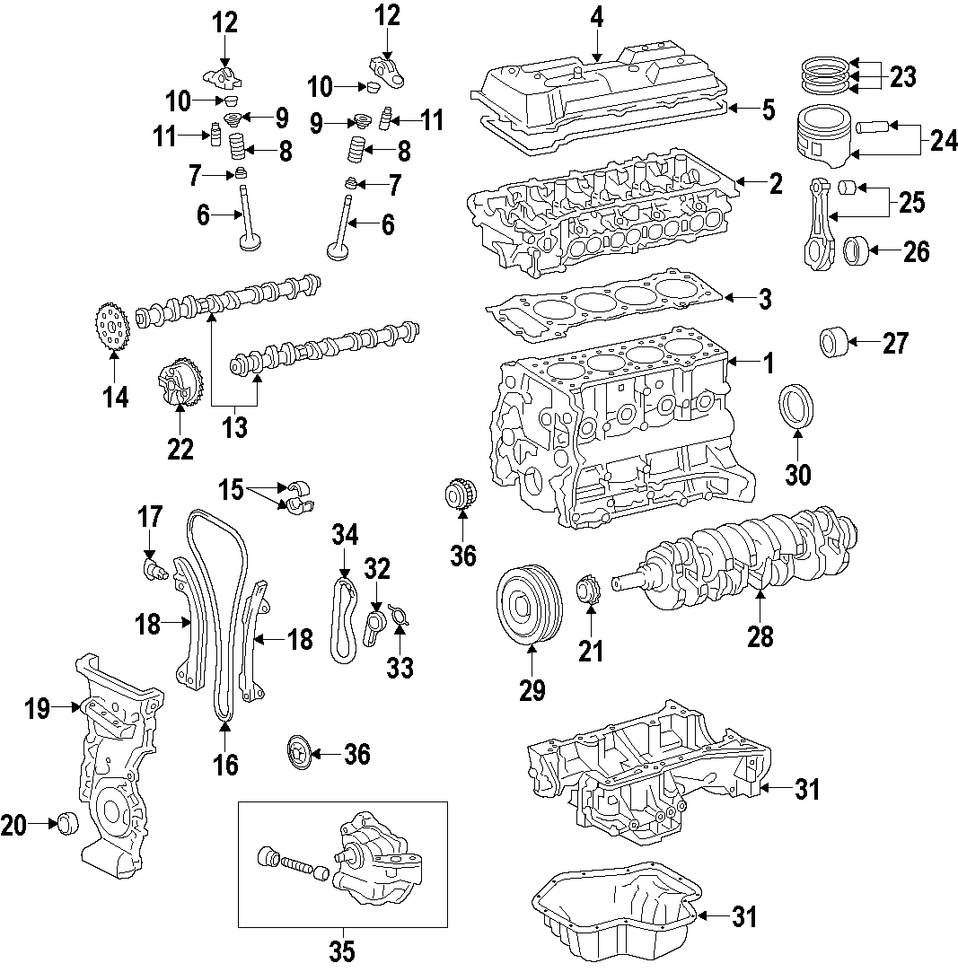 Diagram CAMSHAFT & TIMING. CRANKSHAFT & BEARINGS. CYLINDER HEAD & VALVES. LUBRICATION. MOUNTS. PISTONS. RINGS & BEARINGS. for your 1995 Toyota Tacoma   